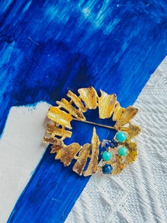 Christian Dior GROSSE 1968 Vintage Large Wreath Turquoise Navy Tree Bark Brooch