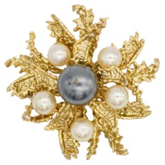 Christian Dior GROSSE 1968 Vintage Unisex Pearls Layer White Black Leaf Brooch
