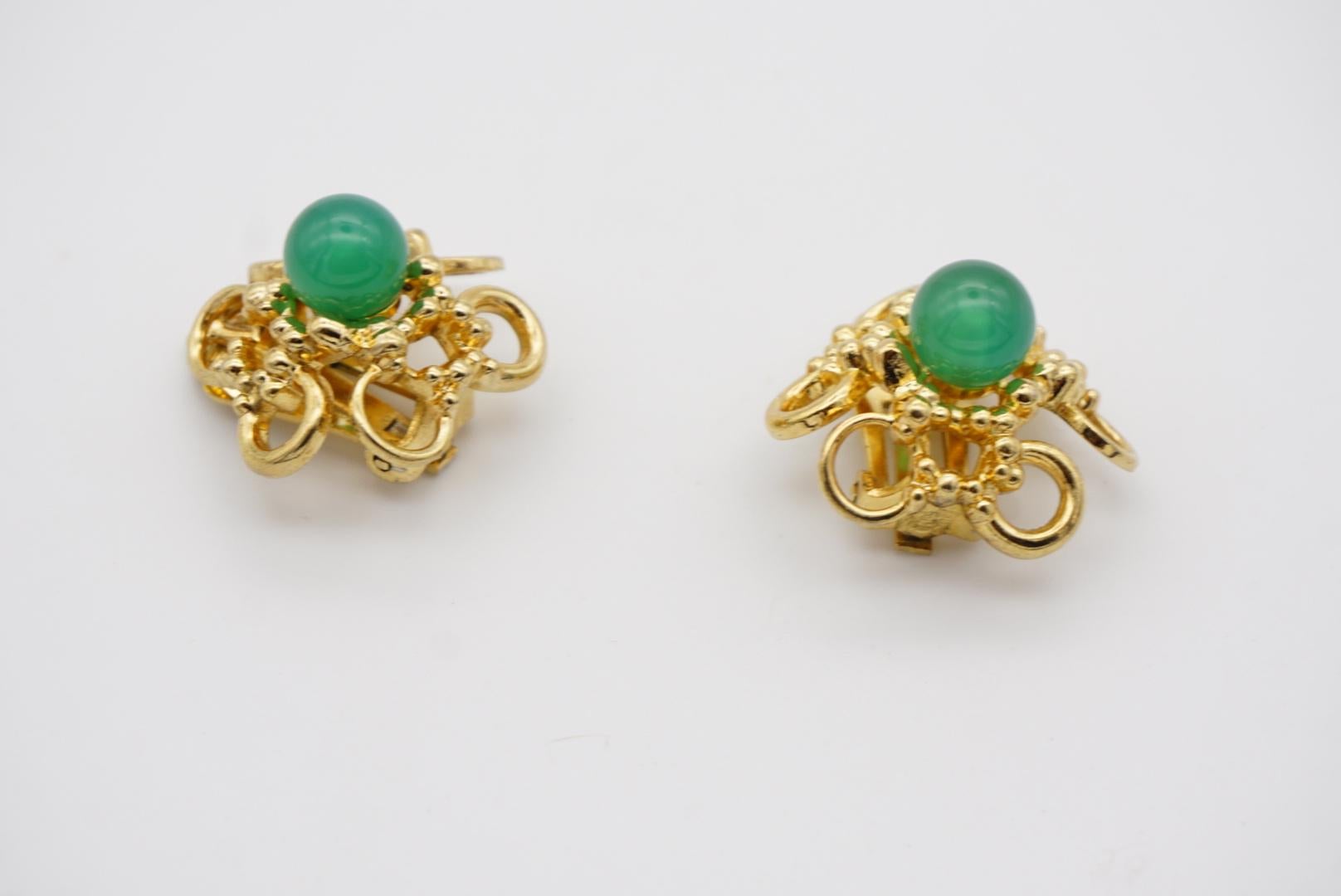 Christian Dior GROSSE 1969 Emerald Jade Flower Openwork Interlock Clip Earrings For Sale 6