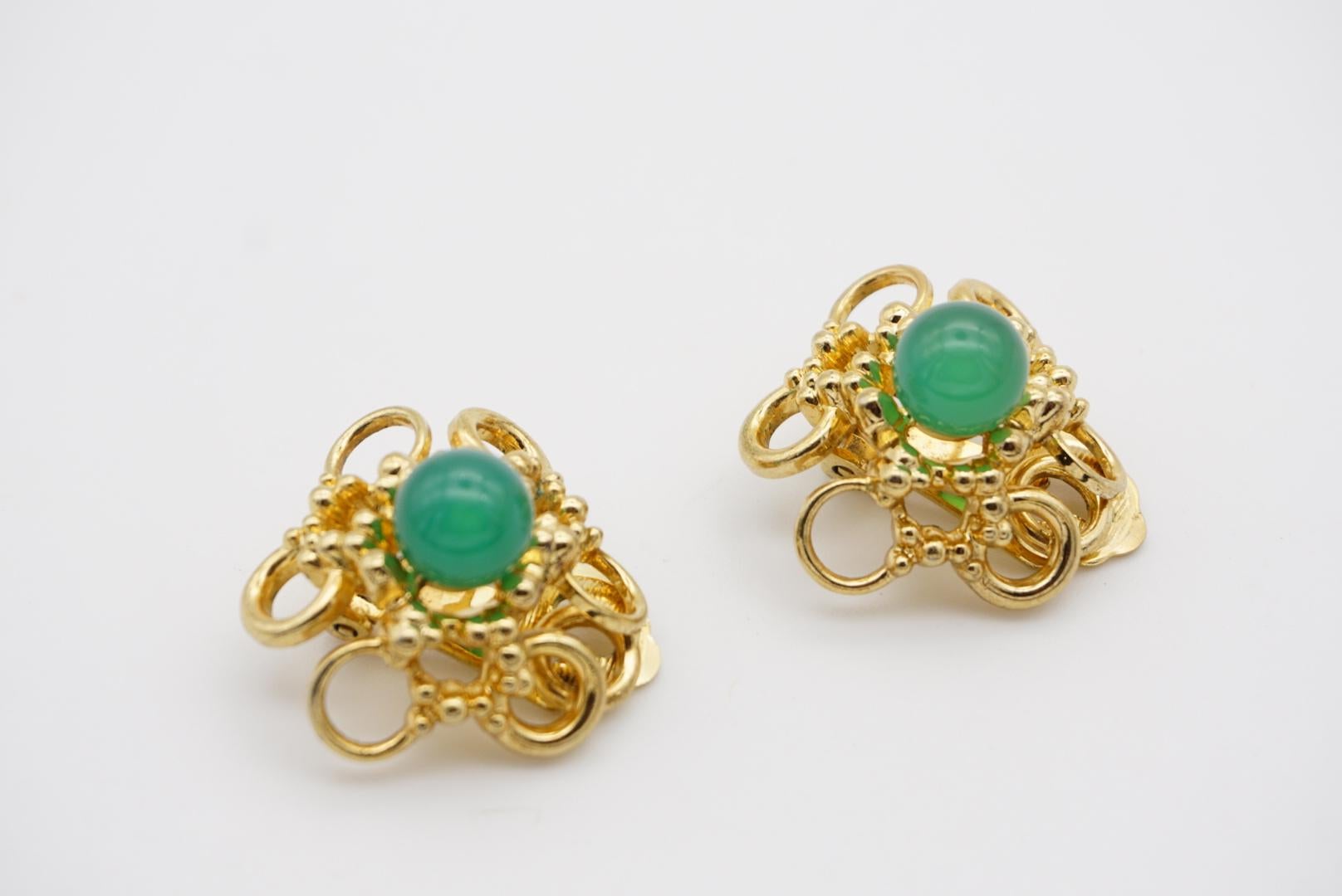 Christian Dior GROSSE 1969 Emerald Jade Flower Openwork Interlock Clip Earrings For Sale 7