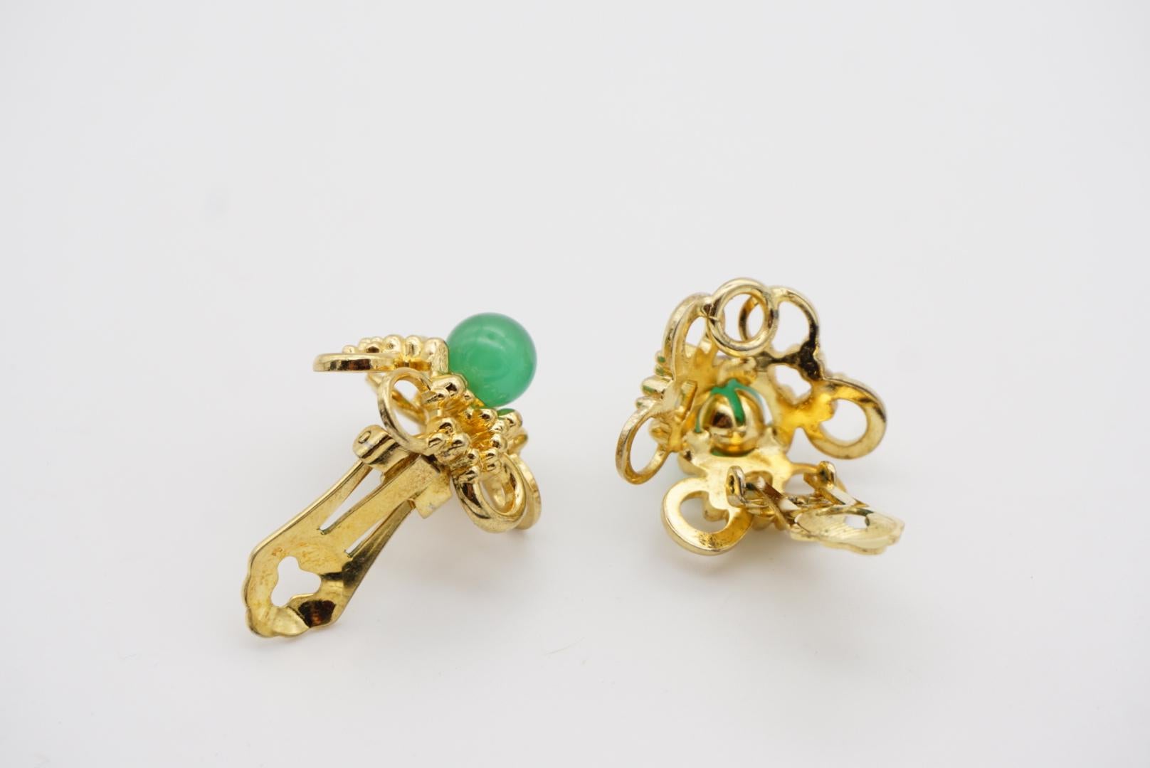 Christian Dior GROSSE 1969 Emerald Jade Flower Openwork Interlock Clip Earrings For Sale 8