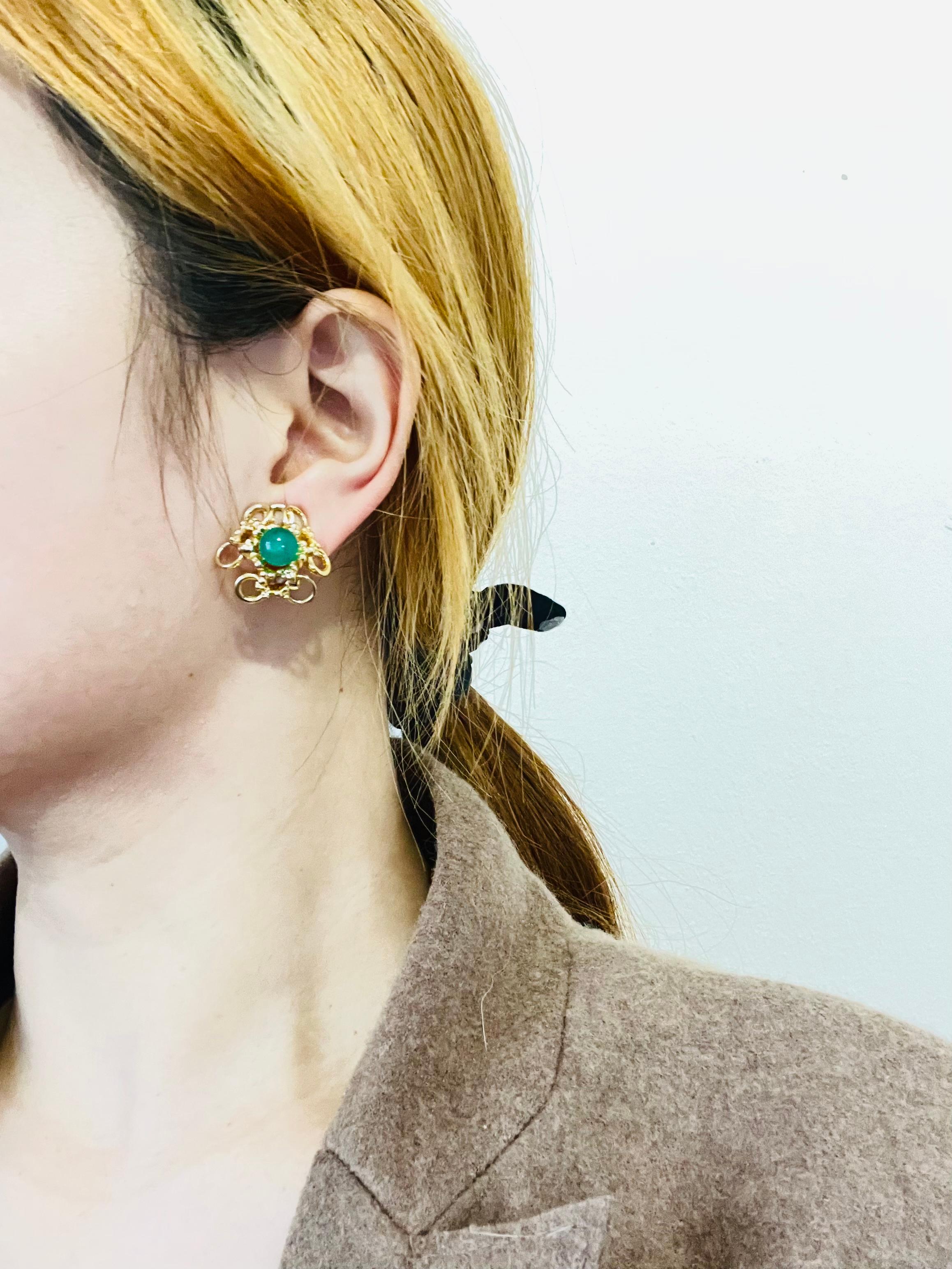 Christian Dior GROSSE 1969 Emerald Jade Flower Openwork Interlock Clip Earrings For Sale 1