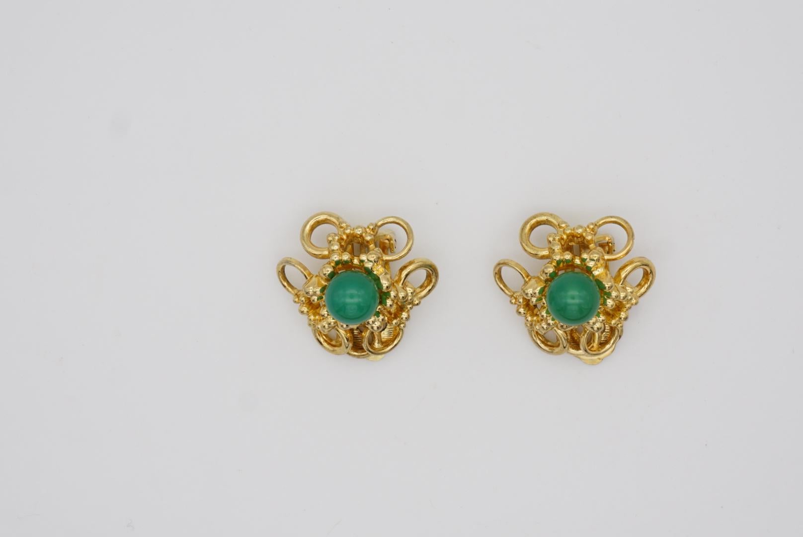 Christian Dior GROSSE 1969 Emerald Jade Flower Openwork Interlock Clip Earrings 3