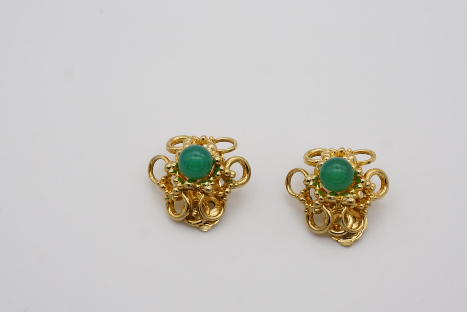 Christian Dior GROSSE 1969 Emerald Jade Flower Openwork Interlock Clip Earrings For Sale 4