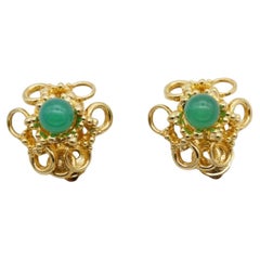 Christian Dior GROSSE 1969 Emerald Jade Flower Openwork Interlock Clip Earrings