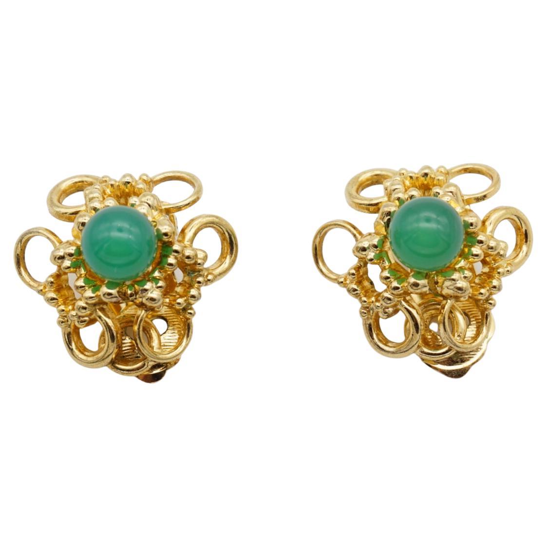 Christian Dior GROSSE 1969 Emerald Jade Flower Openwork Interlock Clip Earrings For Sale