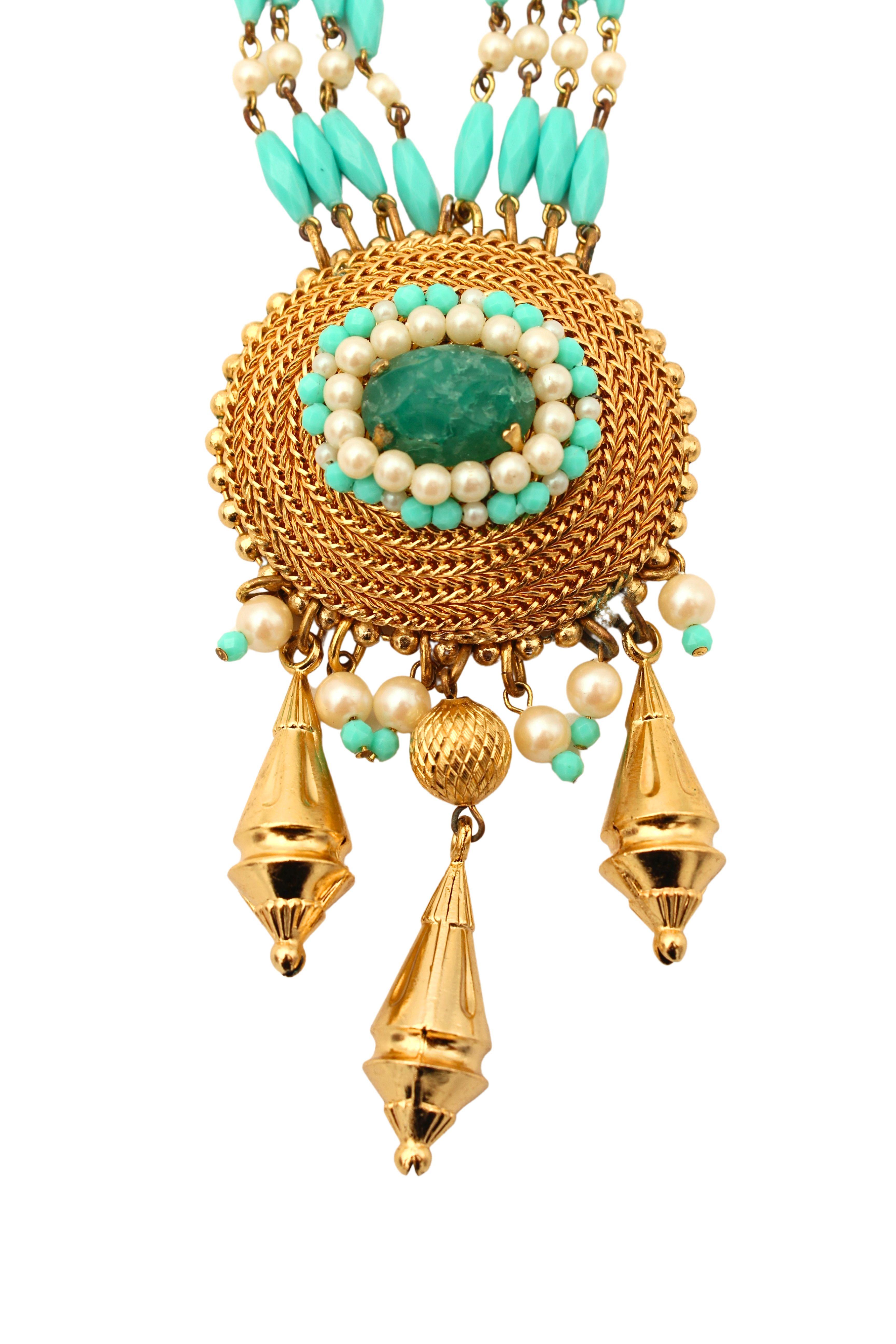Christian Dior Grosse Collier pendentif en or multi-chaînes perles et turquoise, 1969 en vente 1