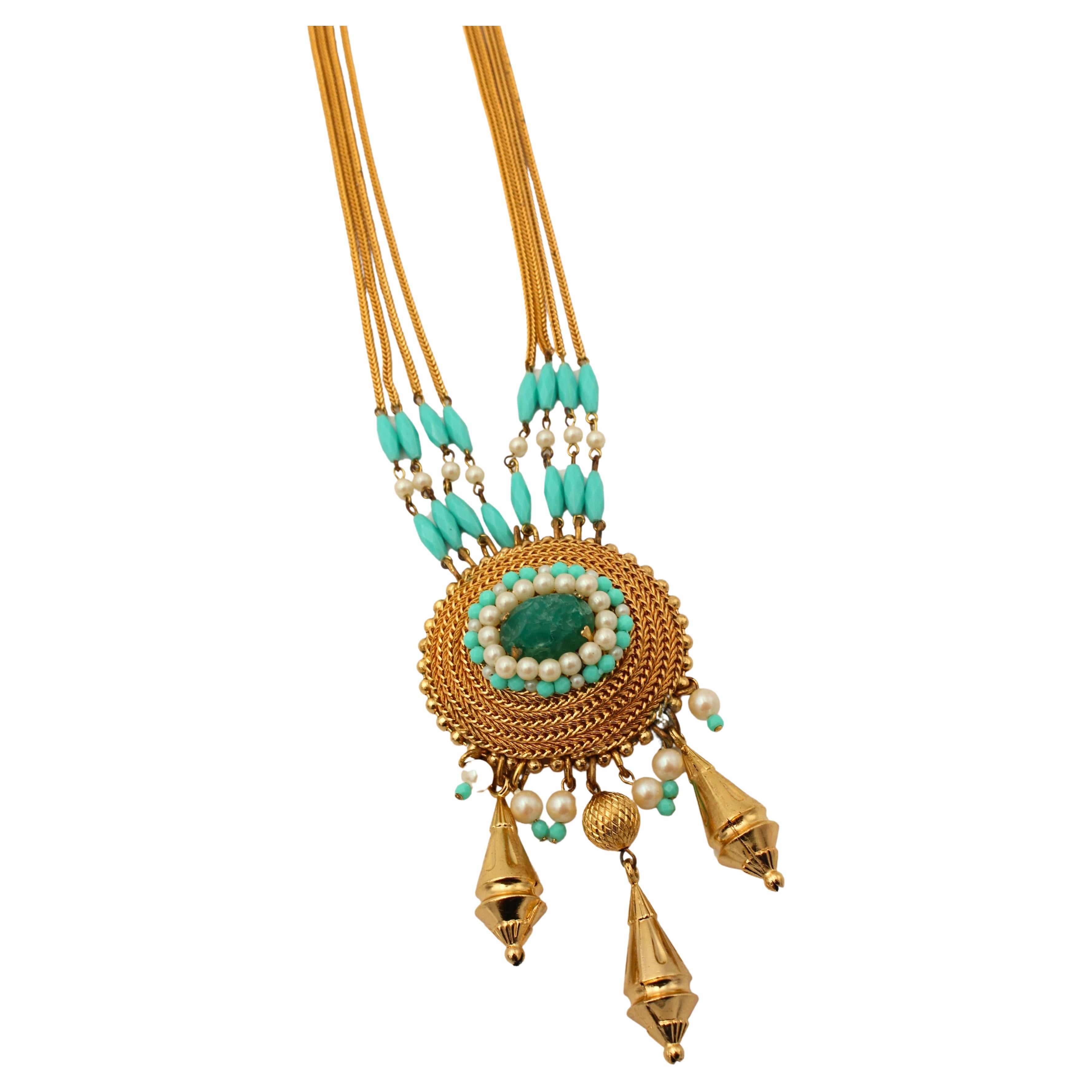 Christian Dior Grosse Collier pendentif en or multi-chaînes perles et turquoise, 1969 en vente