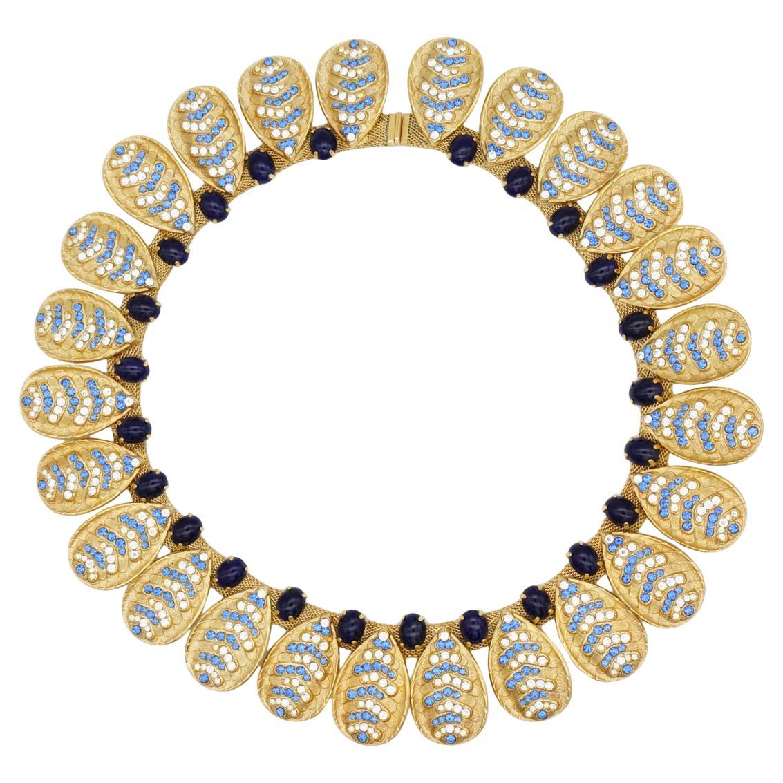 Christian Dior GROSSE 1969 Lapis Blue Crystals Sapphire Leaf Feather Necklace For Sale