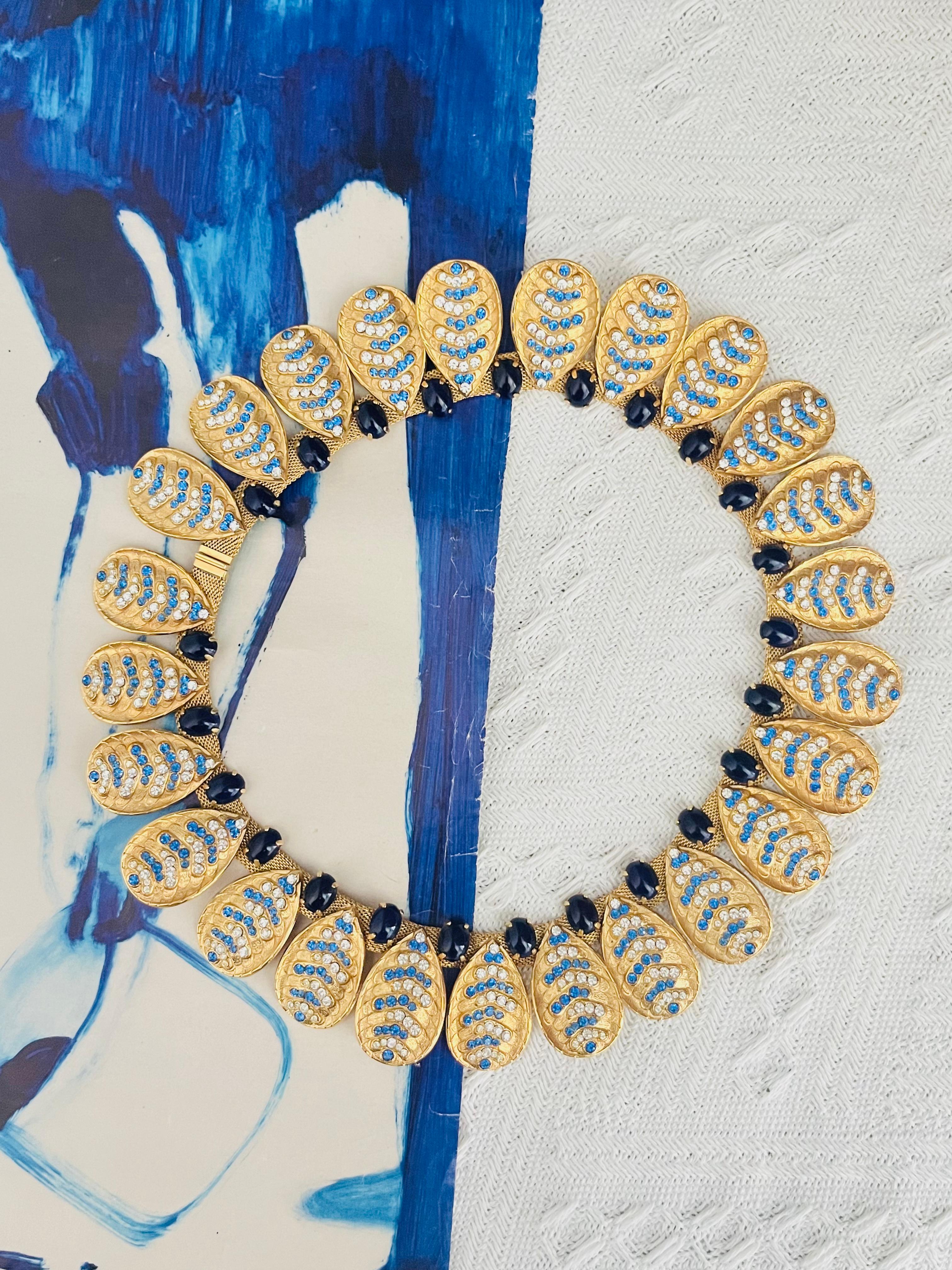 Art Deco Christian Dior GROSSE 1969 Oval Lapis Sapphire Leaf Feather Mesh Chain Necklace For Sale
