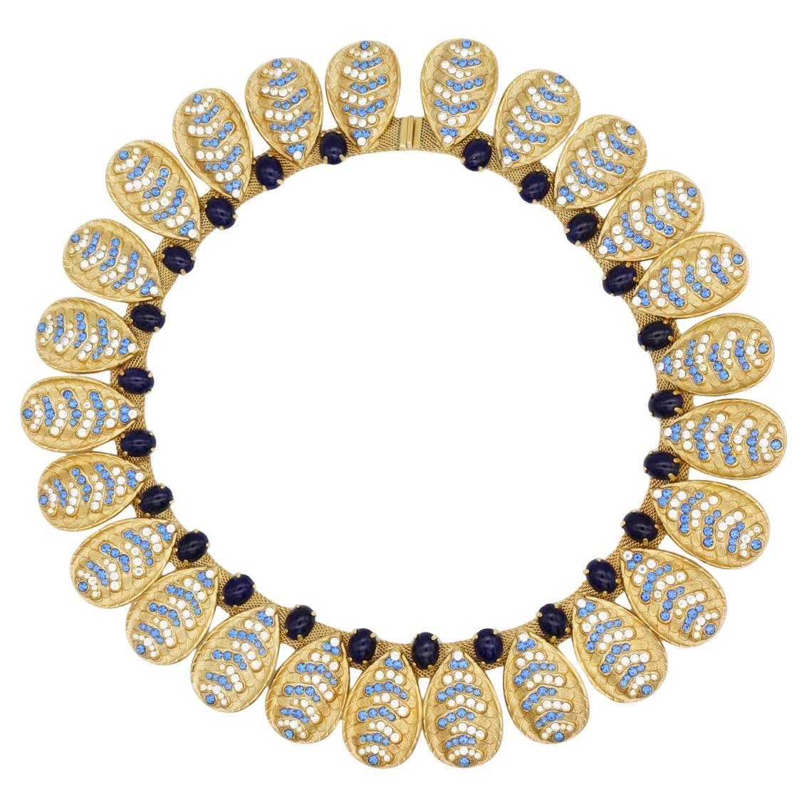 Christian Dior GROSSE 1969 Oval Lapis Sapphire Leaf Feather Mesh Chain Necklace For Sale