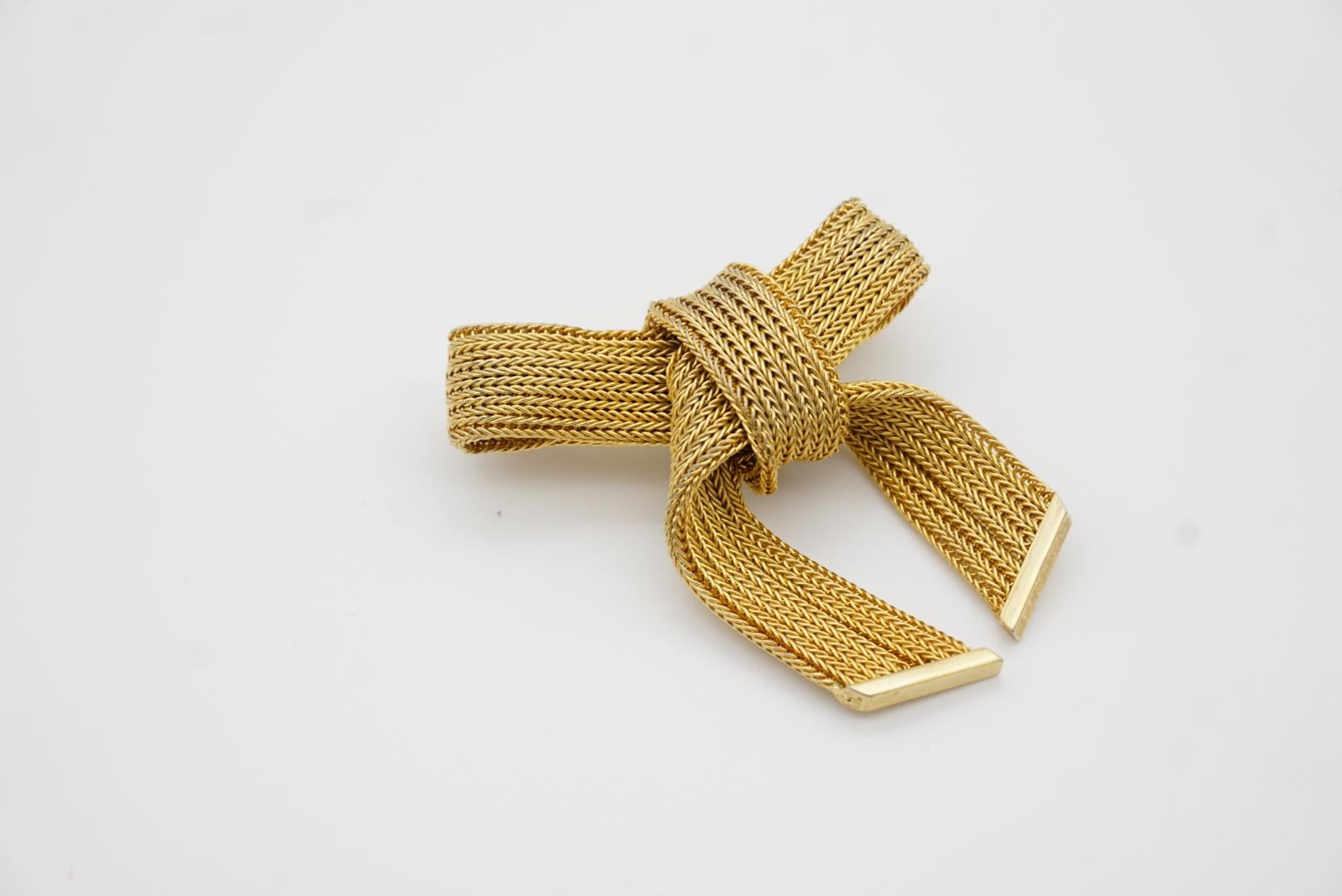 Christian Dior GROSSE 1969 Vintage Striped Bow Ribbon Butterfly Mesh Gold Brooch 1