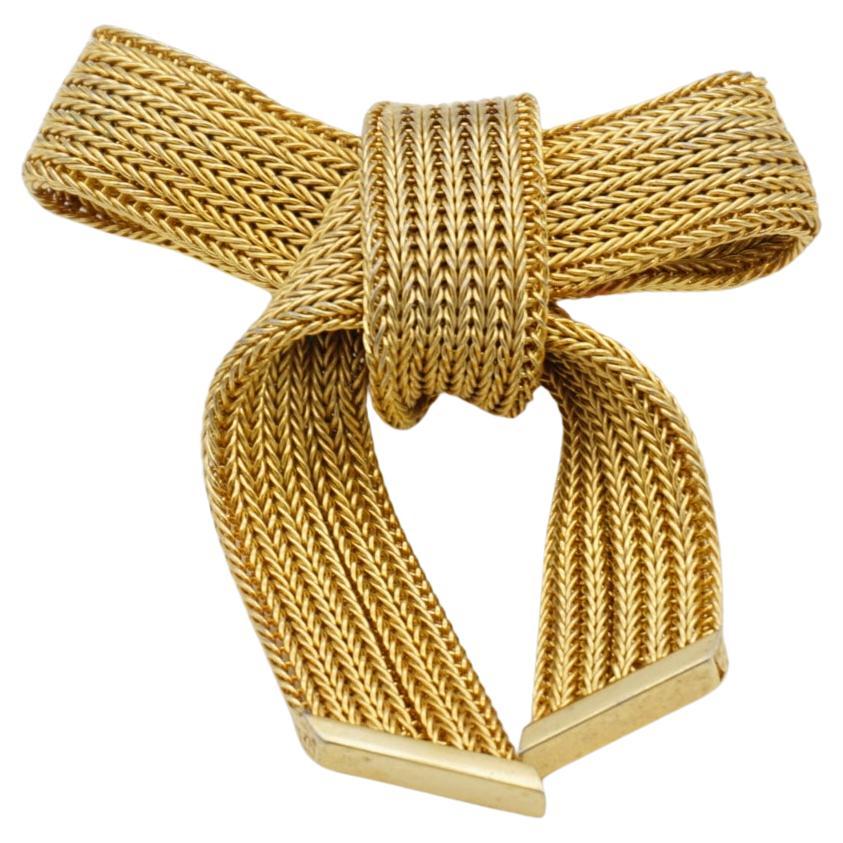 Christian Dior GROSSE 1969 Vintage Striped Bow Ribbon Butterfly Mesh Gold Brooch
