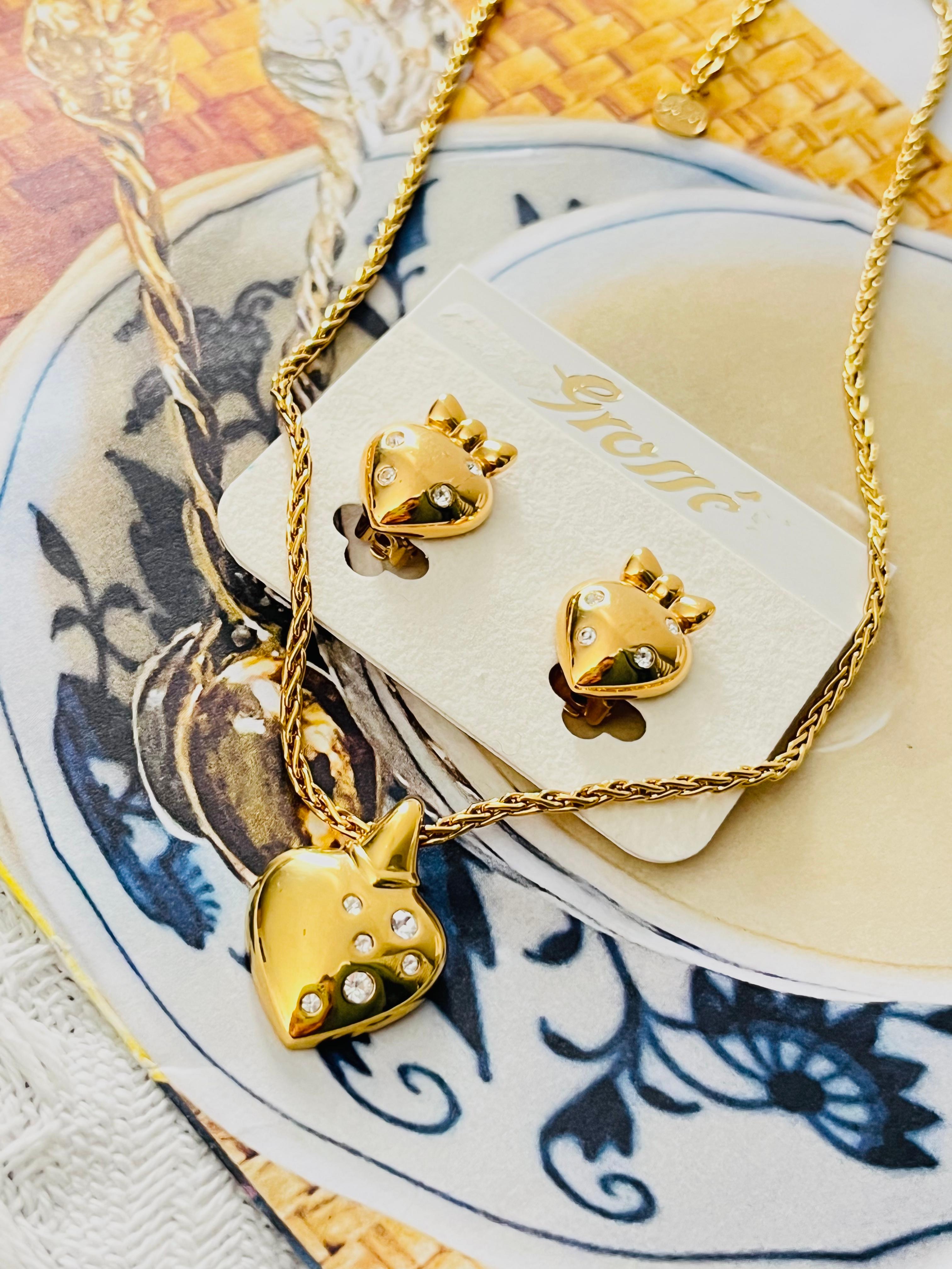 Art Nouveau Christian Dior GROSSE 1970 Cristalli luminosi Cuore Nodo d'Amore Oro Ciondolo Arco 2 Set in vendita