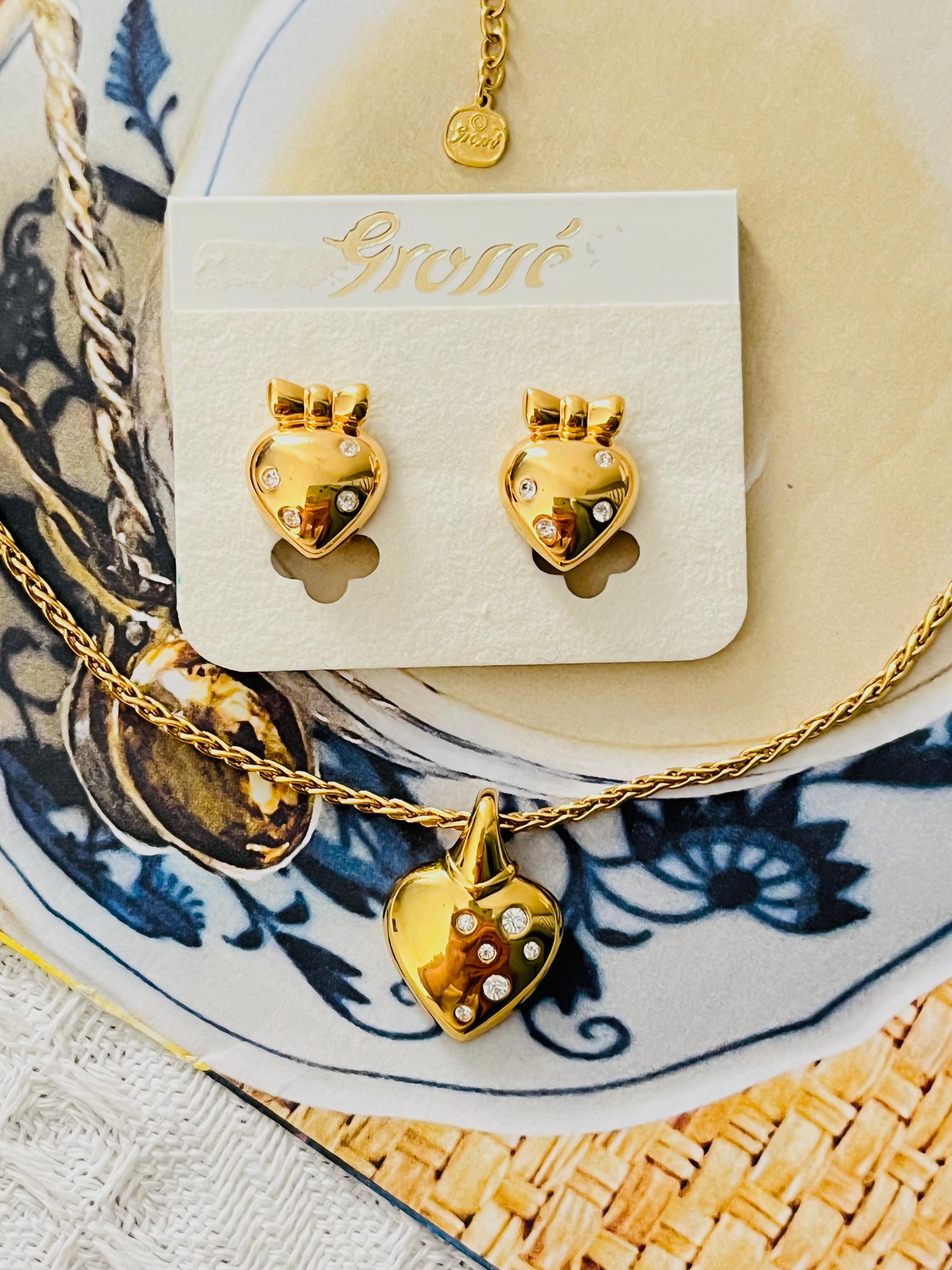 Christian Dior GROSSE 1970 Cristalli luminosi Cuore Nodo d'Amore Oro Ciondolo Arco 2 Set In condizioni ottime in vendita a Wokingham, England