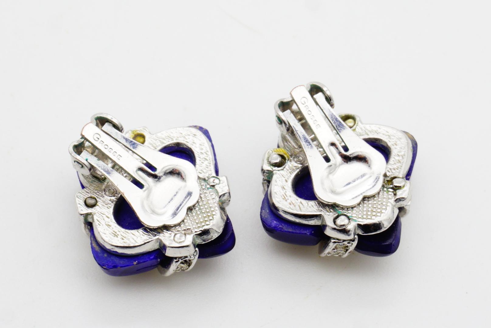 Christian Dior GROSSE 1970 Lapis Navy Cube Square Cross Crystals Clip Earrings For Sale 6