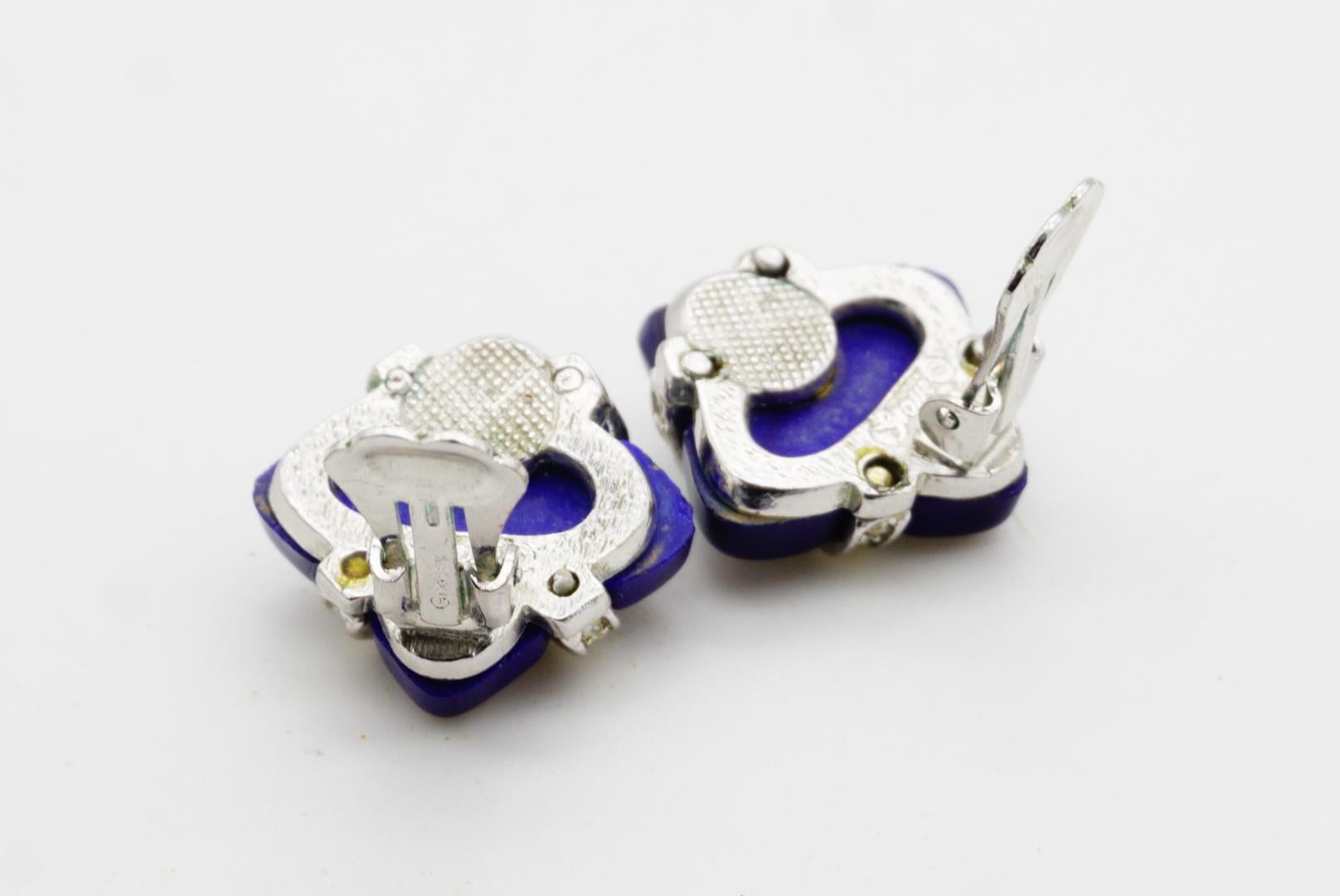 Christian Dior GROSSE 1970 Lapis Navy Cube Square Cross Crystals Clip Earrings For Sale 8
