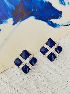 Christian Dior GROSSE 1970 Lapis Marine Cube Carré Croix Cristaux Clips