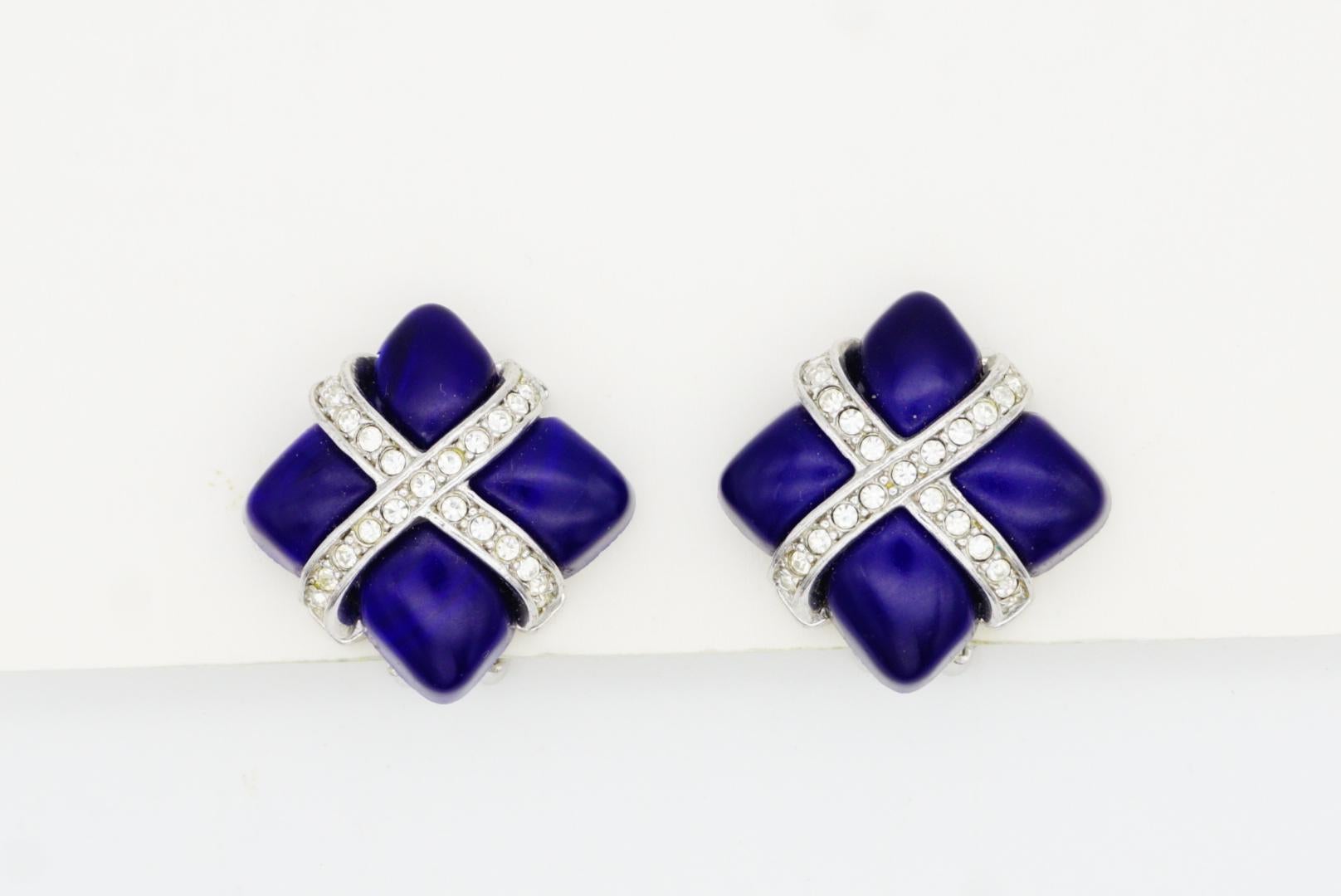 Christian Dior GROSSE 1970 Lapis Navy Cube Square Cross Crystals Clip Earrings For Sale 2