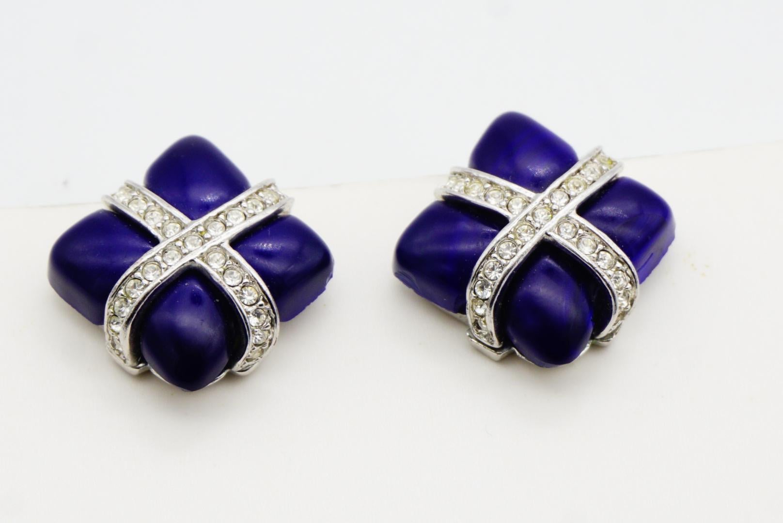 Christian Dior GROSSE 1970 Lapis Navy Cube Square Cross Crystals Clip Earrings For Sale 4