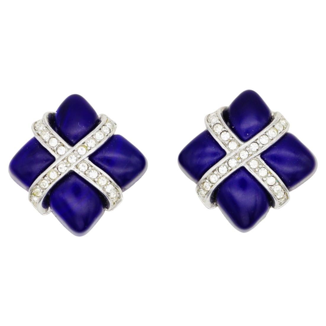 Christian Dior GROSSE 1970 Lapis Navy Cube Square Cross Crystals Clip Earrings For Sale