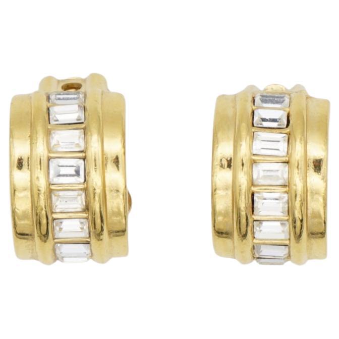 Christian Dior GROSSE 1970 Rectangle Crystals Gold Half Hoop Dome Clip Earrings