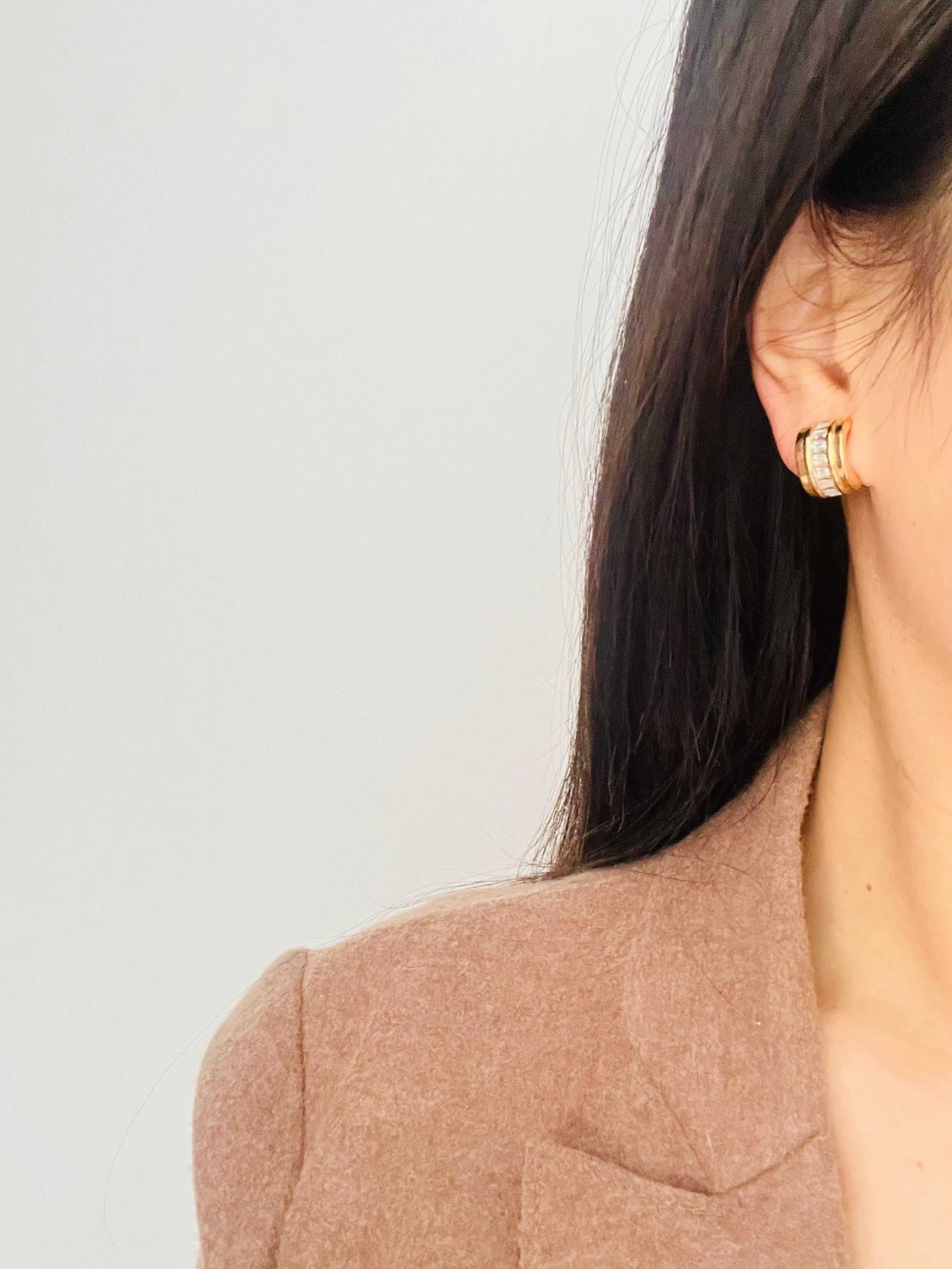 Christian Dior GROSSE 1970 Rectangle Crystals Half Hoop Dome Gold Clip Earrings For Sale 1