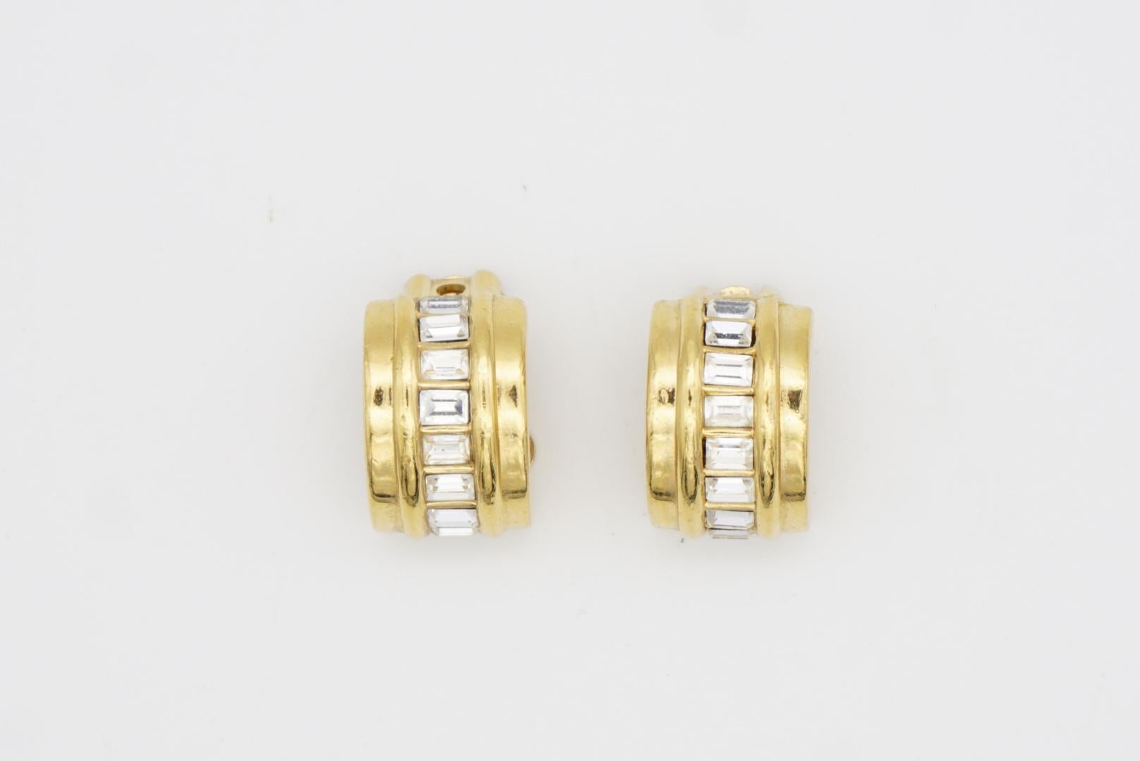 Christian Dior GROSSE 1970 Rectangle Crystals Half Hoop Dome Gold Clip Earrings For Sale 3