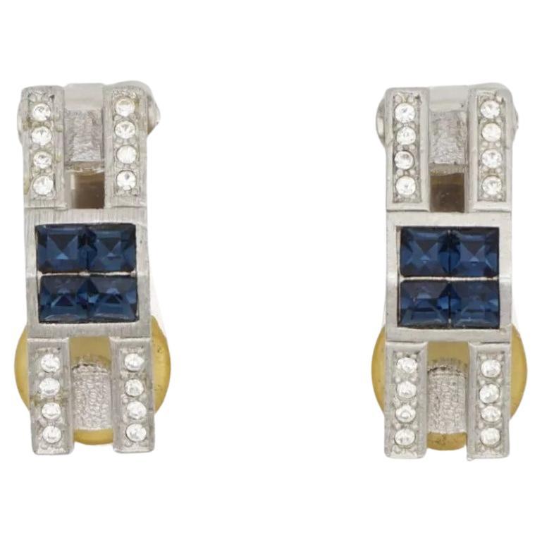 Christian Dior GROSSE 1970 Sapphire Cube Triangle Crystals Silver Clip Earrings For Sale
