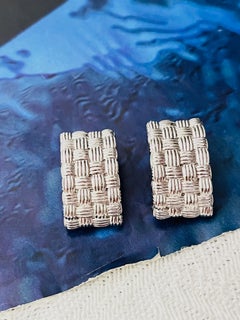 Christian Dior GROSSE 1970s Basket Weave Rectangle Dome Silver Clip Earrings