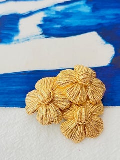Christian Dior GROSSE 1970s Brushed Trio Layer Flower Lucky Clover Gold Brooch