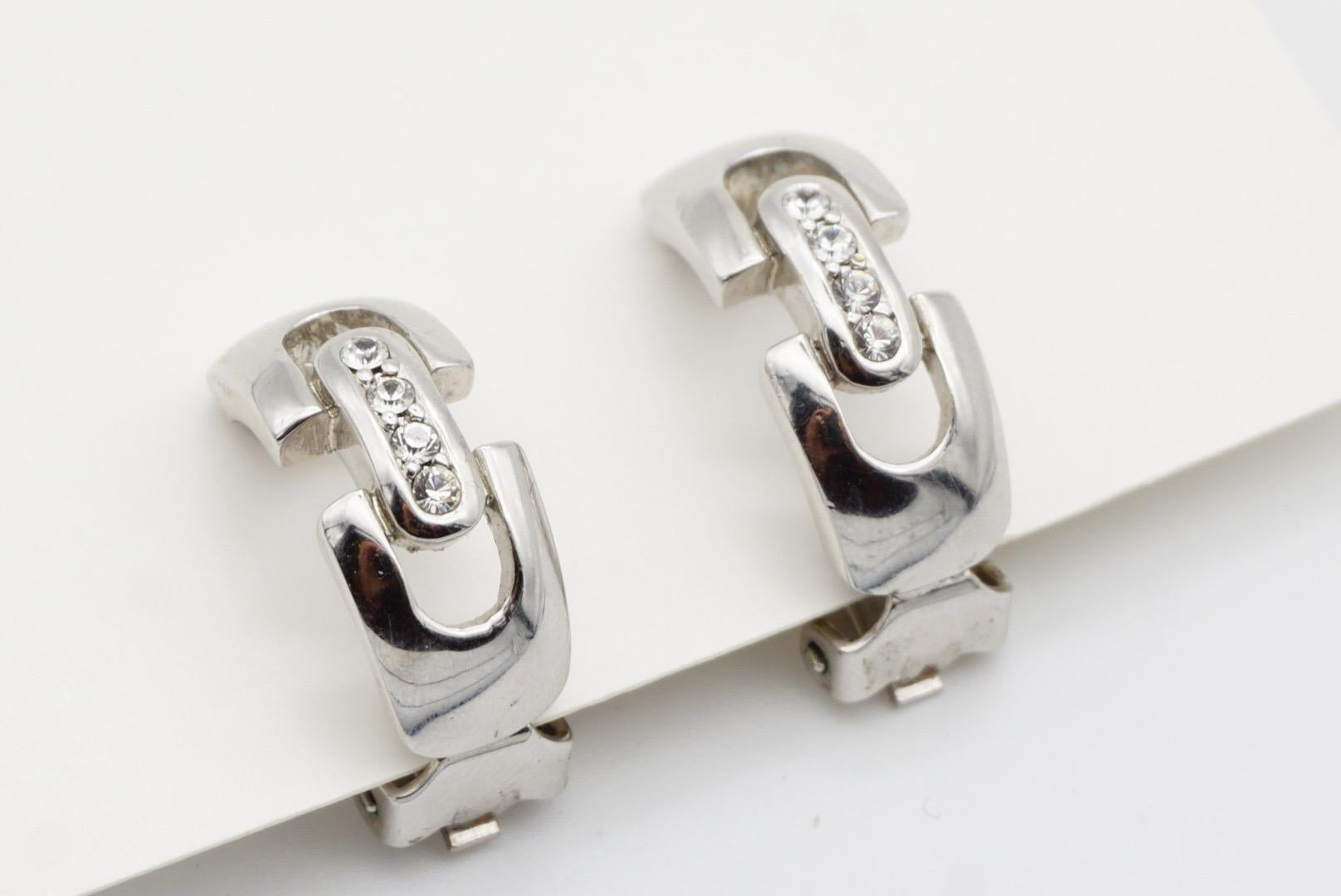 Christian Dior GROSSE 1970s Crystals Interlocked Hoop Dome Silver Clip Earrings For Sale 5