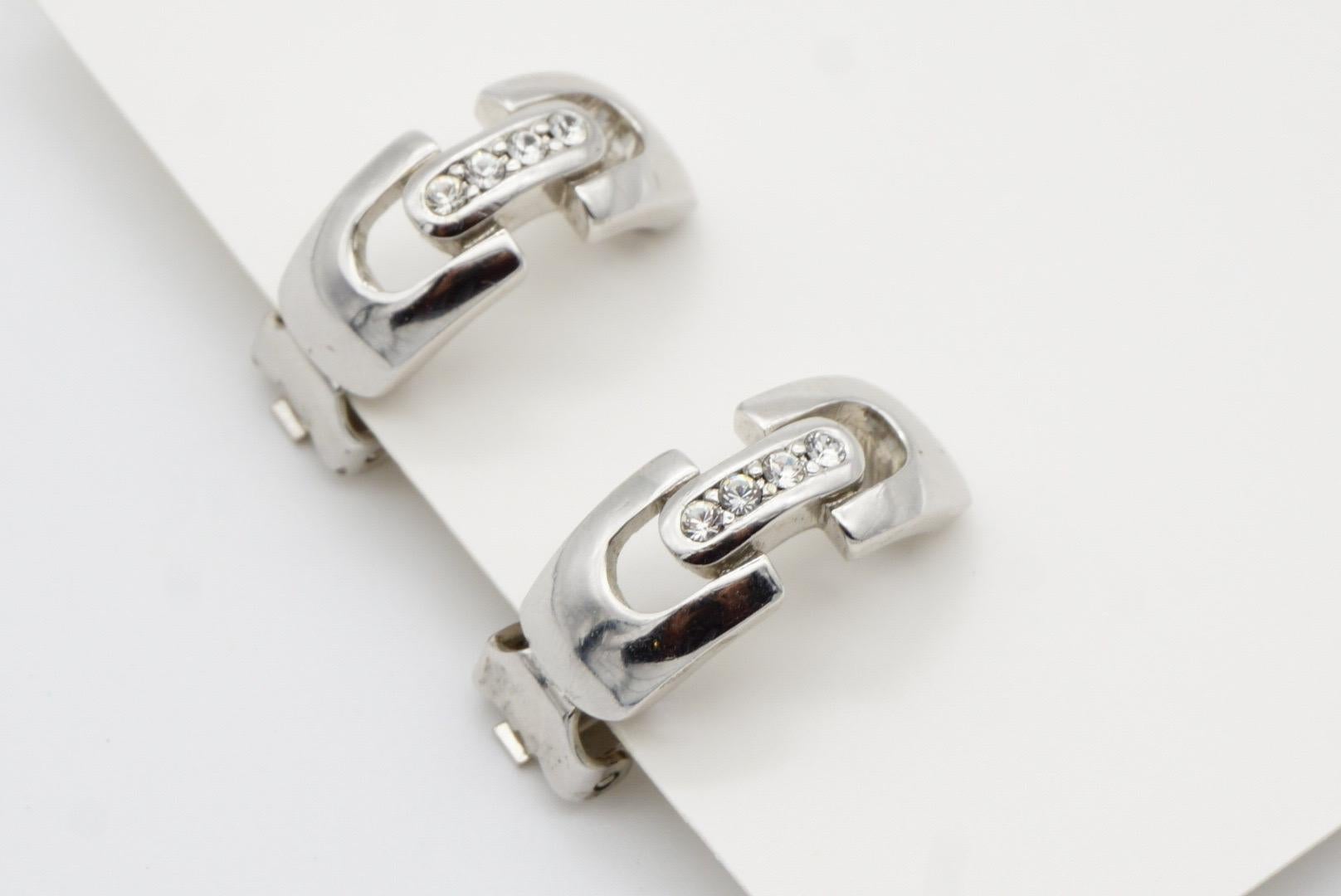 Christian Dior GROSSE 1970s Crystals Interlocked Hoop Dome Silver Clip Earrings For Sale 6