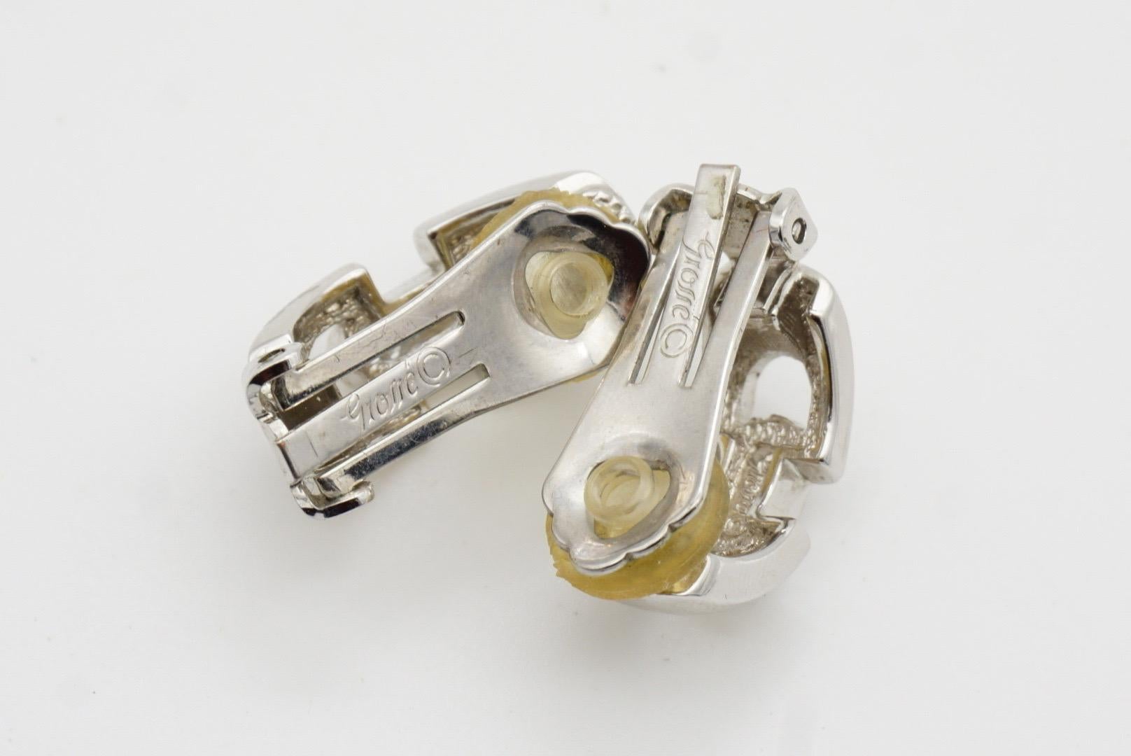 Christian Dior GROSSE 1970s Crystals Interlocked Hoop Dome Silver Clip Earrings For Sale 7