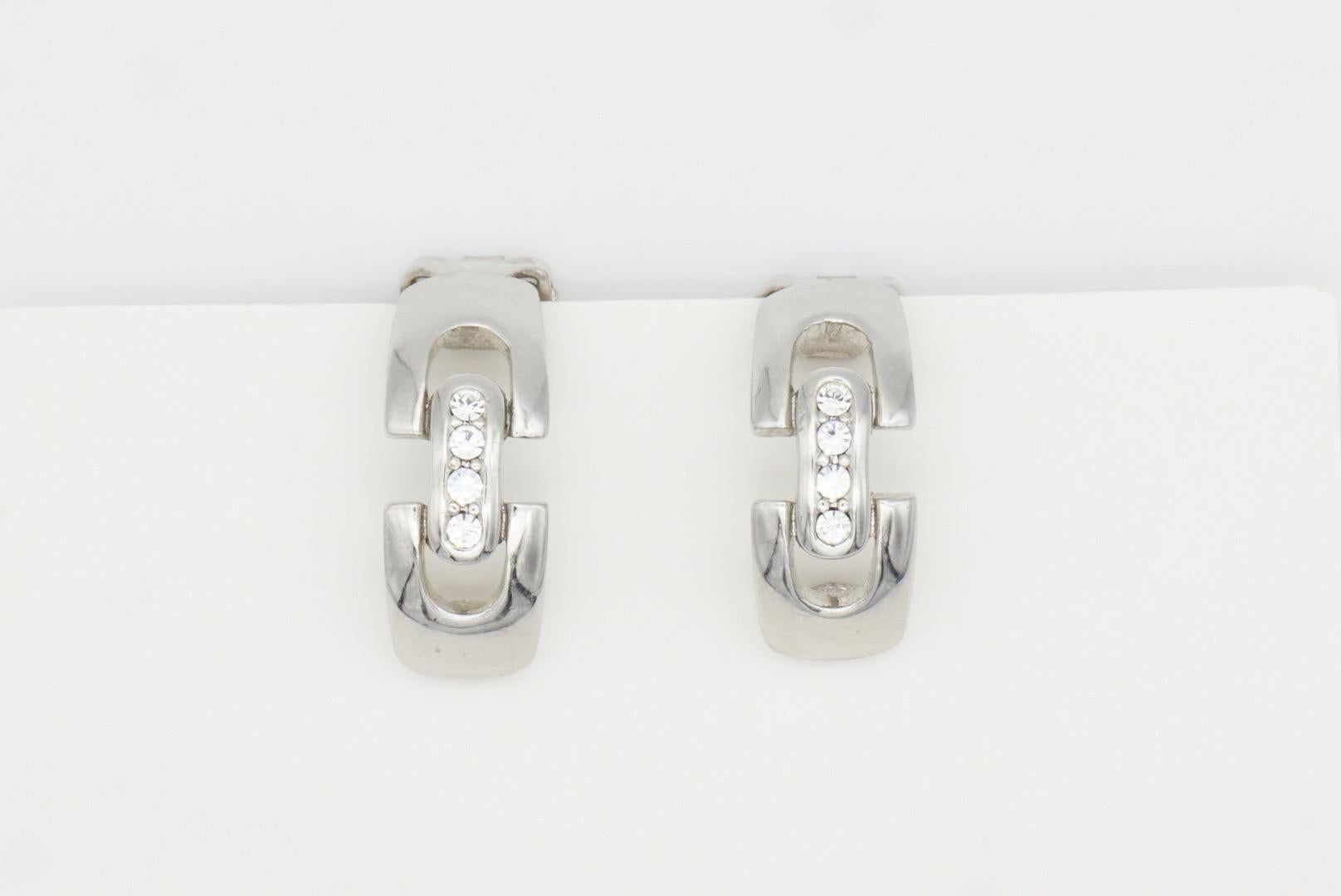 Christian Dior GROSSE 1970s Crystals Interlocked Hoop Dome Silver Clip Earrings For Sale 3