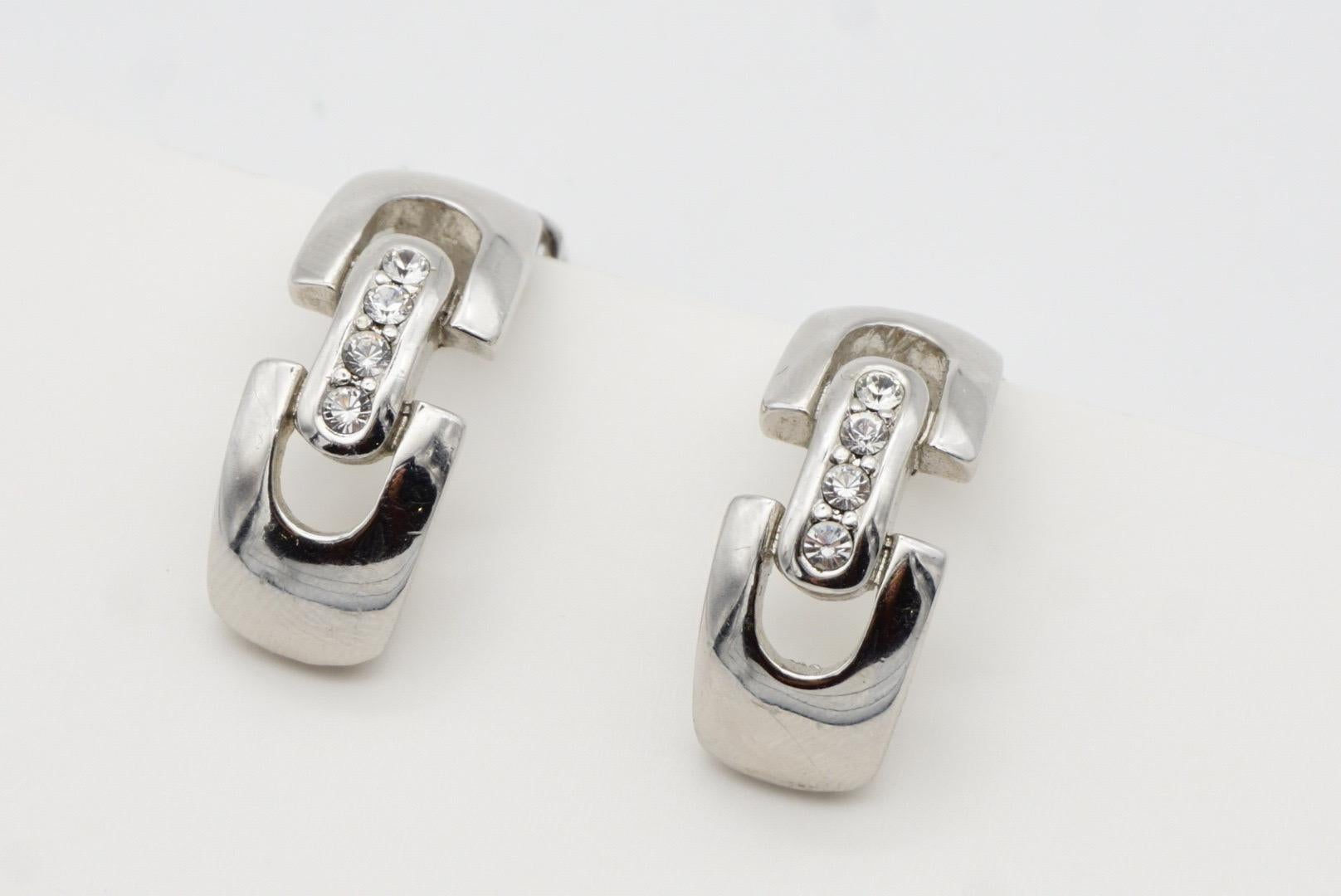 Christian Dior GROSSE 1970s Crystals Interlocked Hoop Dome Silver Clip Earrings For Sale 4