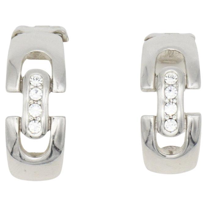 Christian Dior GROSSE 1970s Crystals Interlocked Hoop Dome Silver Clip Earrings For Sale