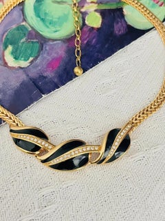 Christian Dior GROSSE 1970s Crystals Leaf Trio Black Braided Enamel Necklace