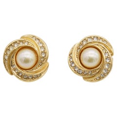 Christian Dior GROSSE 1970s Crystals White Pearl Round Swirl Trio Clip Earrings