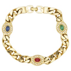 Christian Dior GROSSE 1970s Emerald Ruby Sapphire Crystals Interlocked Bracelet