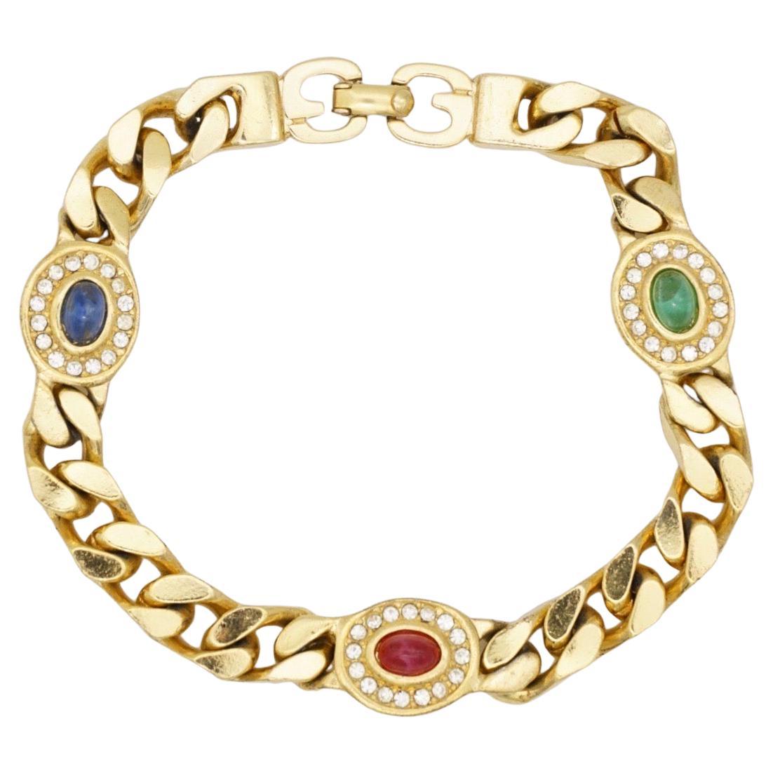 Christian Dior GROSSE 1970s Emerald Ruby Sapphire Crystals Interlocked Bracelet