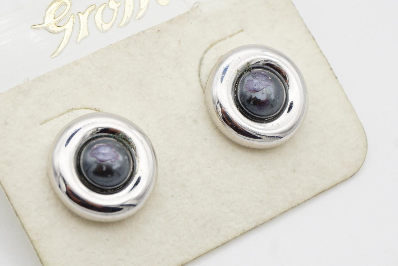 Christian Dior GROSSE 1970s Grey Round Circle Modernist Silver Pierced Earrings For Sale 4