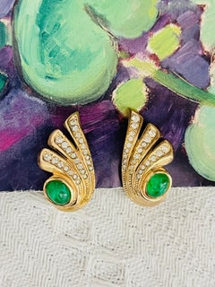 Christian Dior GROSSE 1970s Gripoix Emerald Oval Crystals Wing Clip Earrings