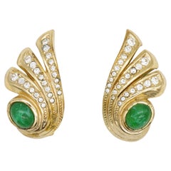 Christian Dior GROSSE 1970s Gripoix Emerald Wing Oval Crystals Clip Earrings