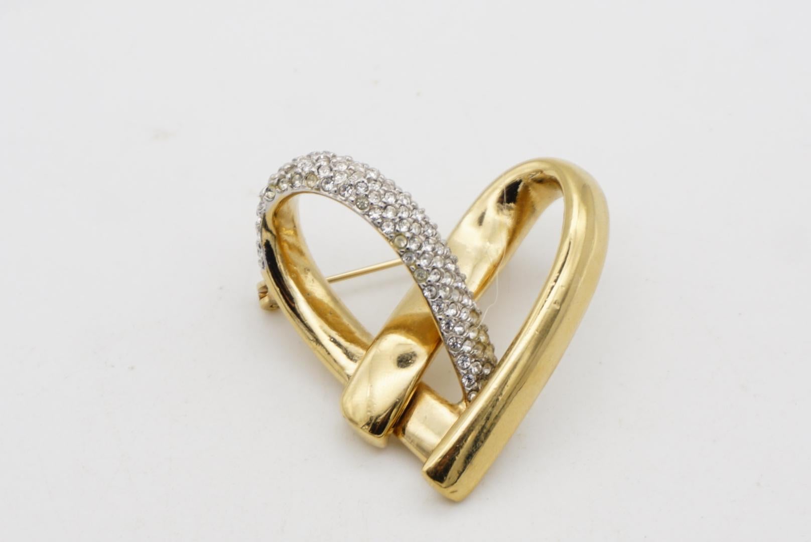 Christian Dior GROSSE 1970s Heart Love Crystals Silver Interlocked Gold Brooch  For Sale 5