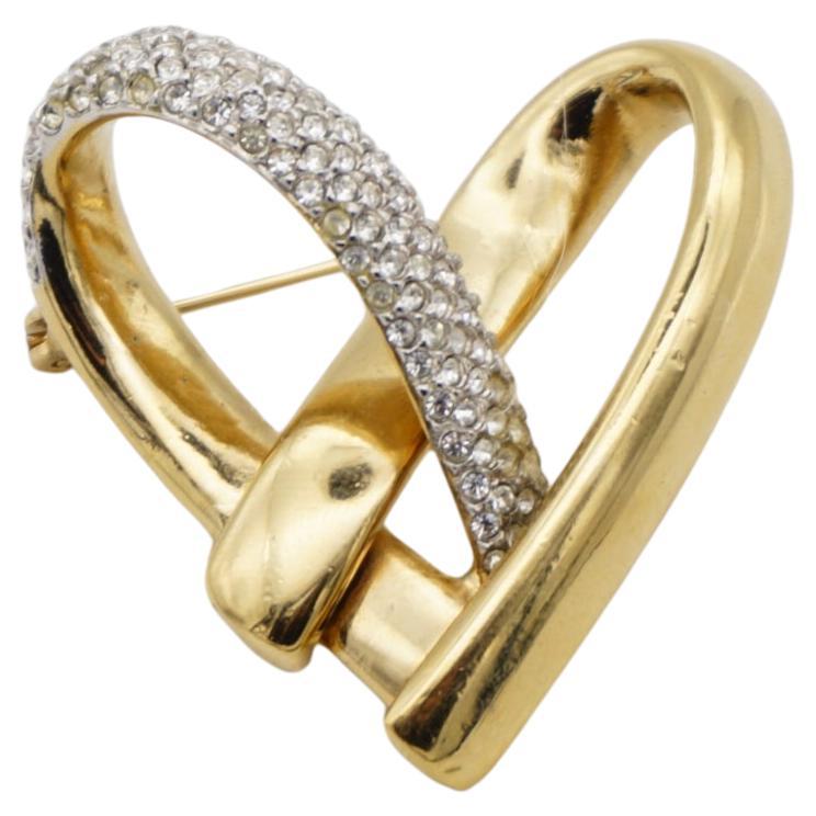 Christian Dior GROSSE 1970er Jahre Herz Liebe Kristalle Silber ineinandergreifende Goldbrosche  im Angebot