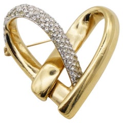 Retro Christian Dior GROSSE 1970s Heart Love Crystals Silver Interlocked Gold Brooch 