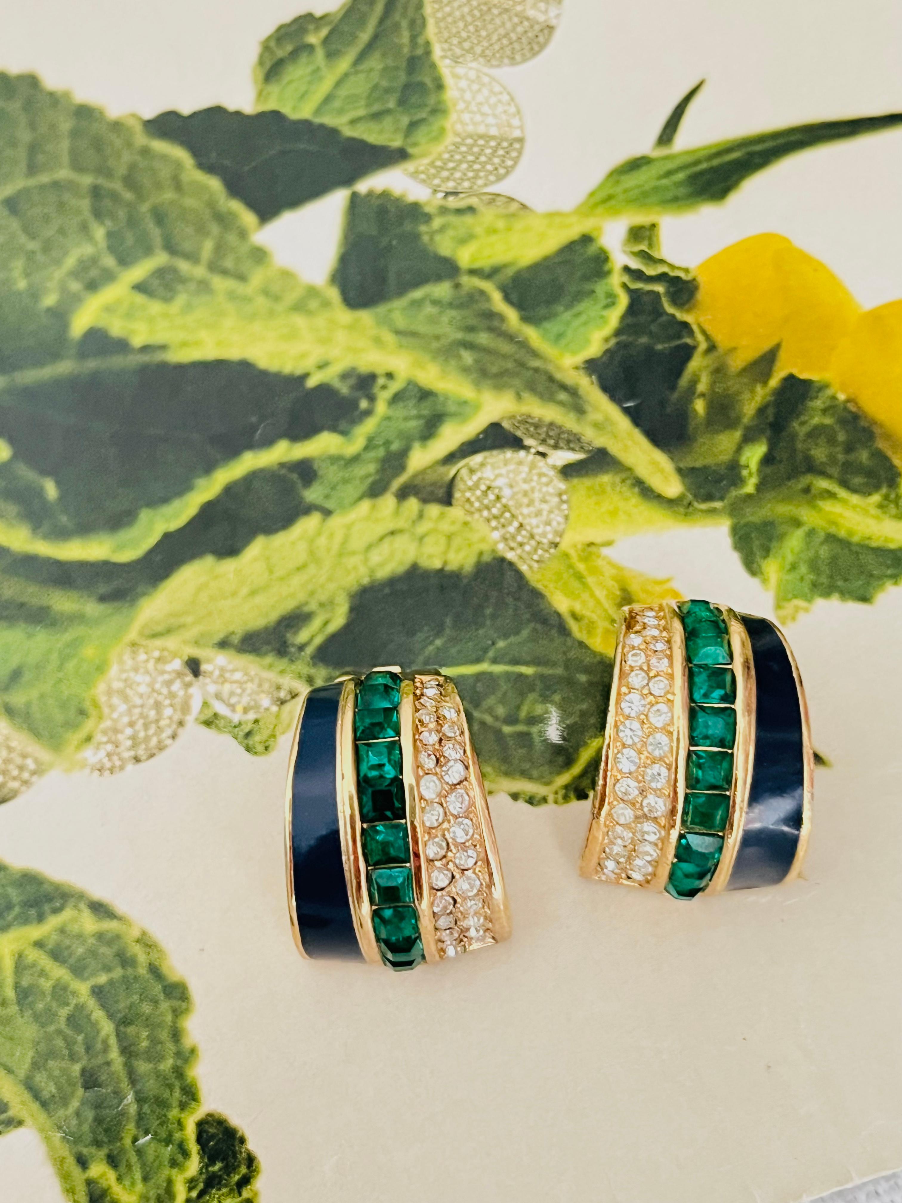 Art Deco Christian Dior GROSSE 1970s Large Navy Cube Emerald Crystals Dome Hoop Earrings