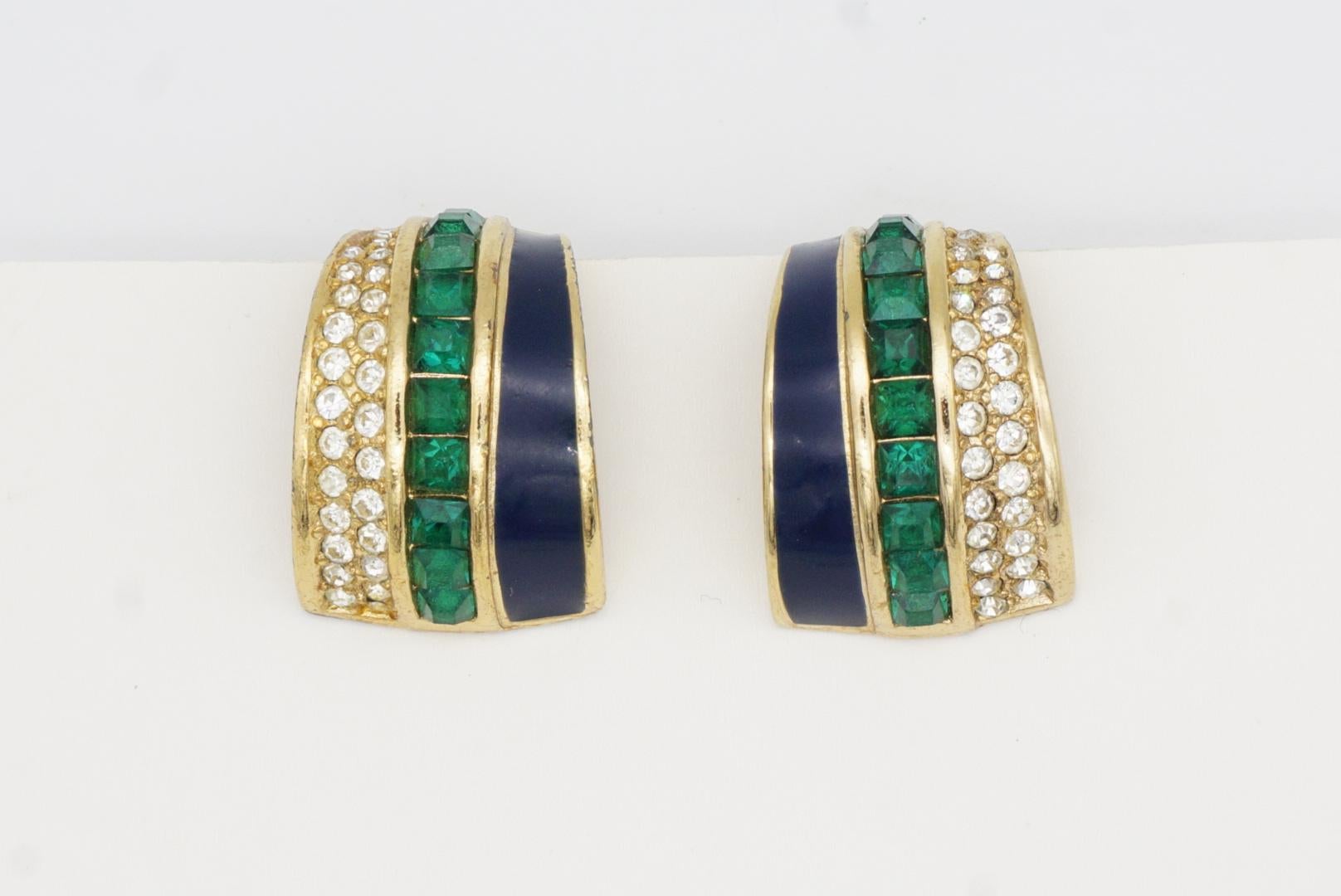 Christian Dior GROSSE 1970s Large Navy Cube Emerald Crystals Dome Hoop Earrings 3
