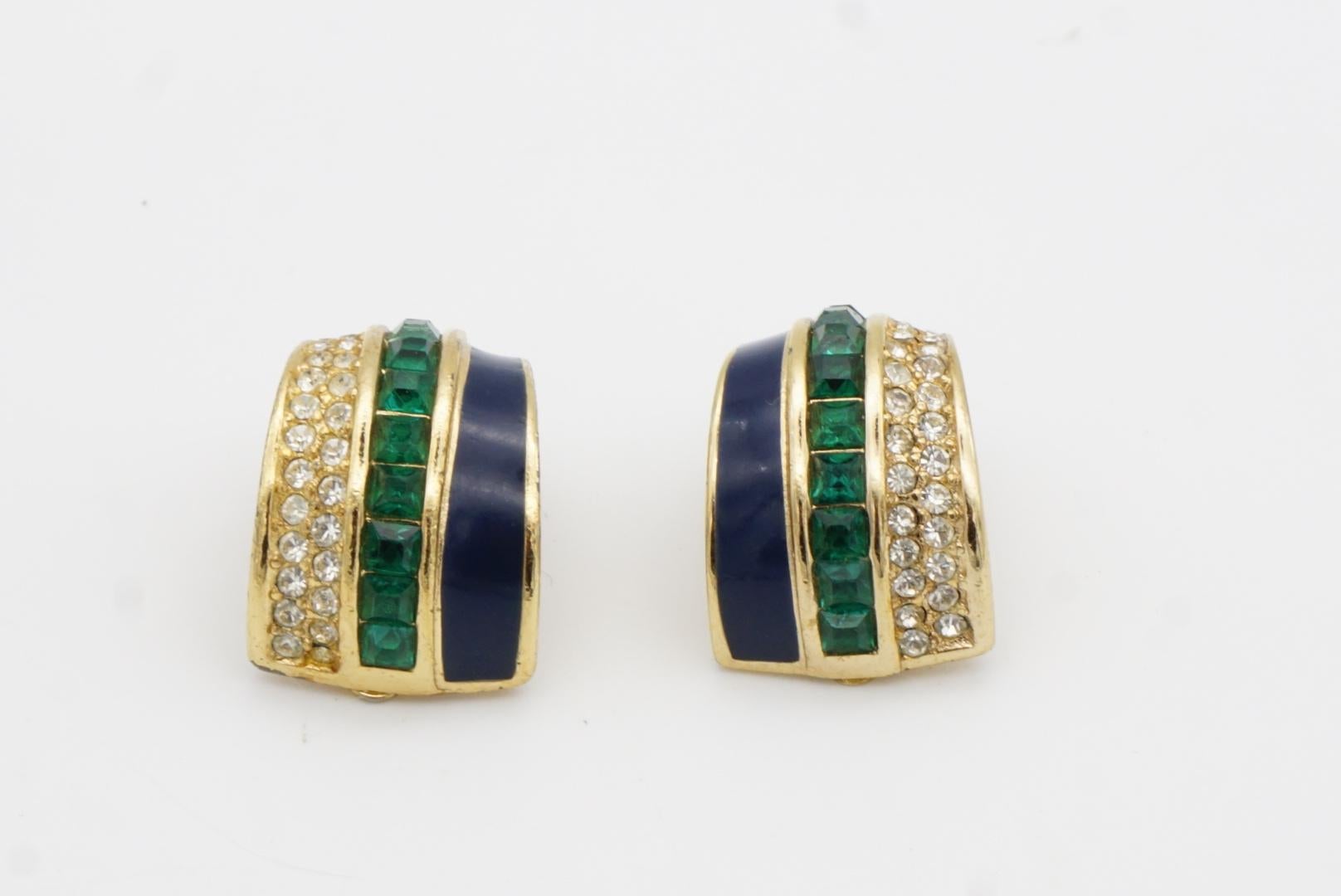 Christian Dior GROSSE 1970s Large Navy Cube Emerald Crystals Dome Hoop Earrings 4